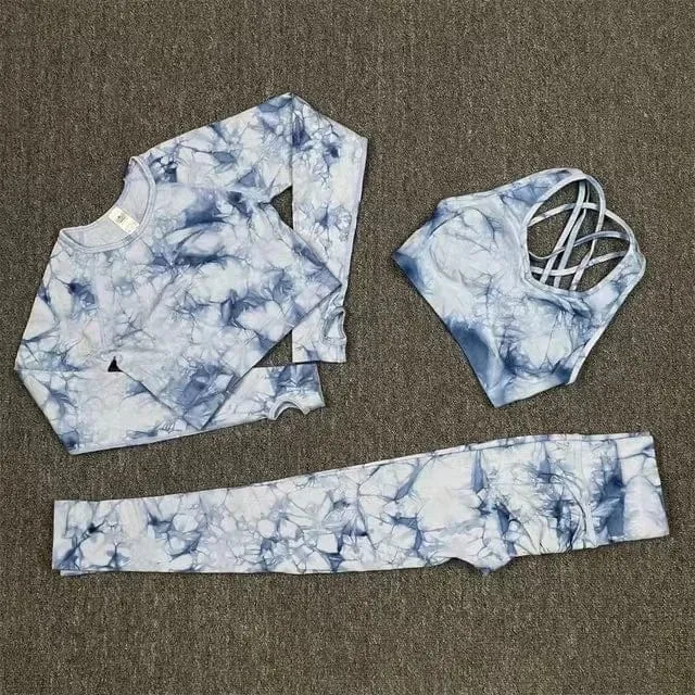Nahtlose Yoga-Sets mit Batikmuster, Sport-Fitness, hohe Taille, Hüfthose, Cutout-BH-Anzug, Trainingskleidung, Fitnessstudio-Leggings-Set für Damen