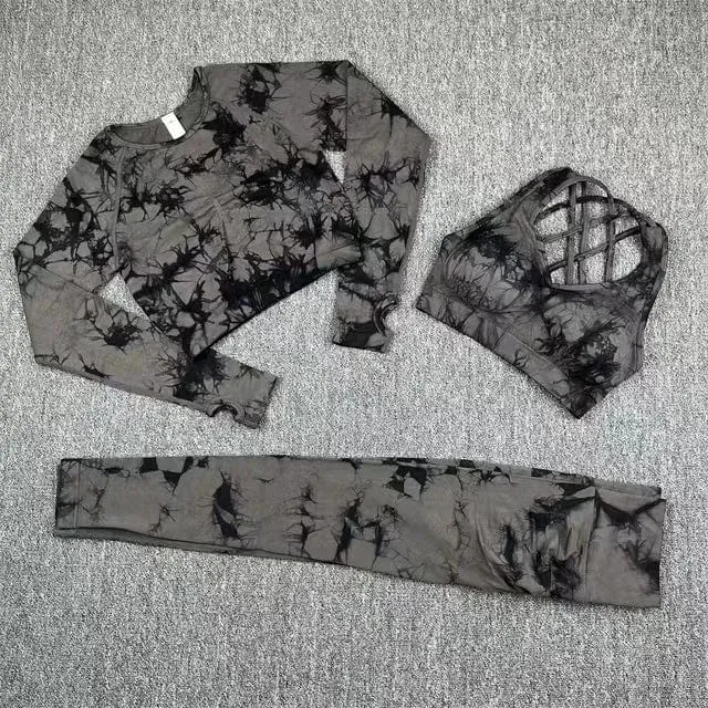 Nahtlose Yoga-Sets mit Batikmuster, Sport-Fitness, hohe Taille, Hüfthose, Cutout-BH-Anzug, Trainingskleidung, Fitnessstudio-Leggings-Set für Damen