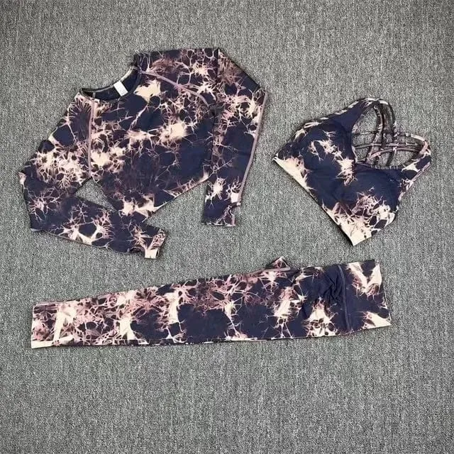 Nahtlose Yoga-Sets mit Batikmuster, Sport-Fitness, hohe Taille, Hüfthose, Cutout-BH-Anzug, Trainingskleidung, Fitnessstudio-Leggings-Set für Damen