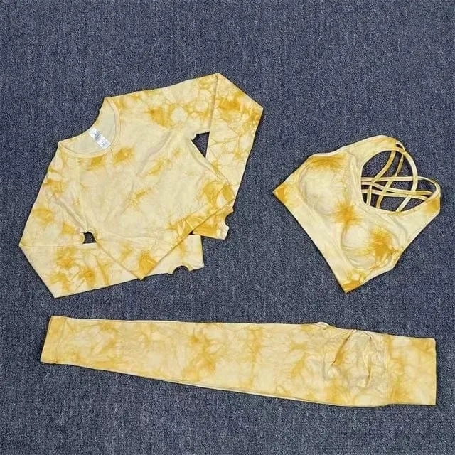 Nahtlose Yoga-Sets mit Batikmuster, Sport-Fitness, hohe Taille, Hüfthose, Cutout-BH-Anzug, Trainingskleidung, Fitnessstudio-Leggings-Set für Damen