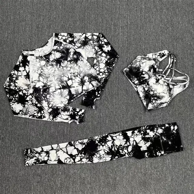 Nahtlose Yoga-Sets mit Batikmuster, Sport-Fitness, hohe Taille, Hüfthose, Cutout-BH-Anzug, Trainingskleidung, Fitnessstudio-Leggings-Set für Damen