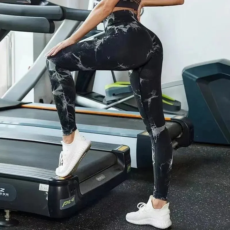 Nahtlose Leggings mit Batikmuster für Damen, Yogahose mit hoher Taille, elastische Strumpfhose zum Po-Lifting