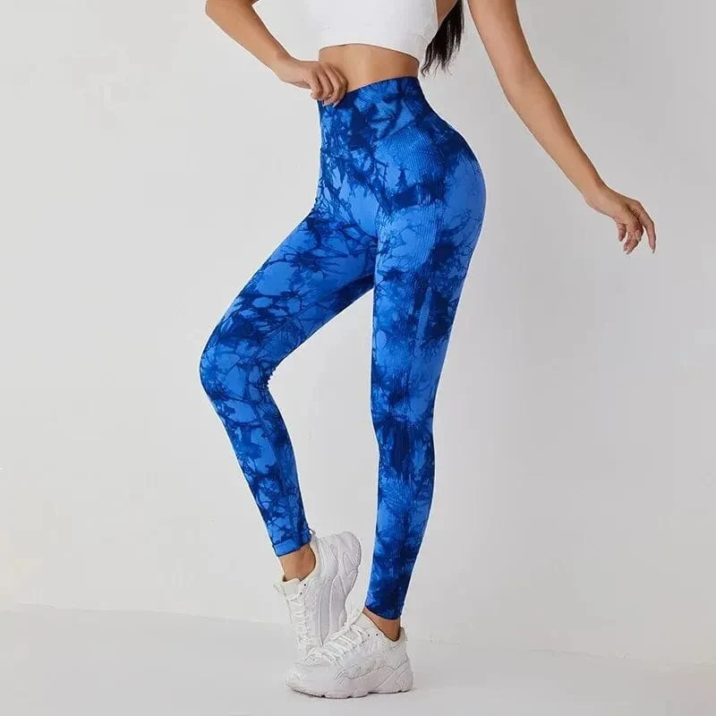 Nahtlose Leggings mit Batikmuster für Damen, Yogahose mit hoher Taille, elastische Strumpfhose zum Po-Lifting
