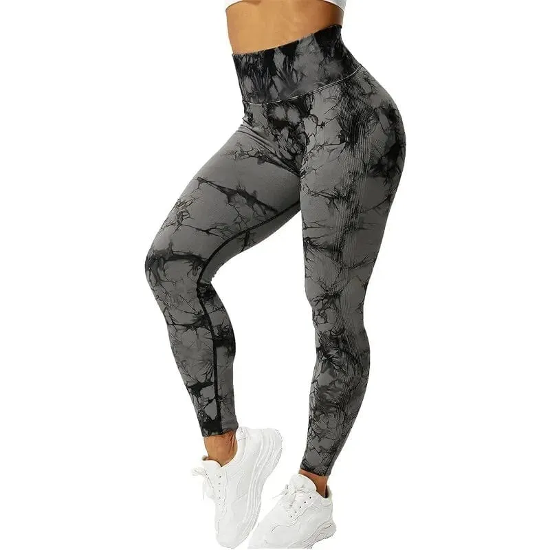 Nahtlose Leggings mit Batikmuster für Damen, Yogahose mit hoher Taille, elastische Strumpfhose zum Po-Lifting
