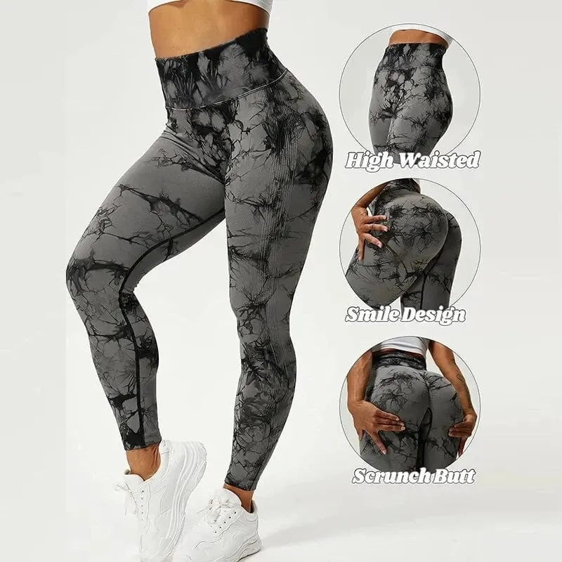 Nahtlose Leggings mit Batikmuster für Damen, Yogahose mit hoher Taille, elastische Strumpfhose zum Po-Lifting