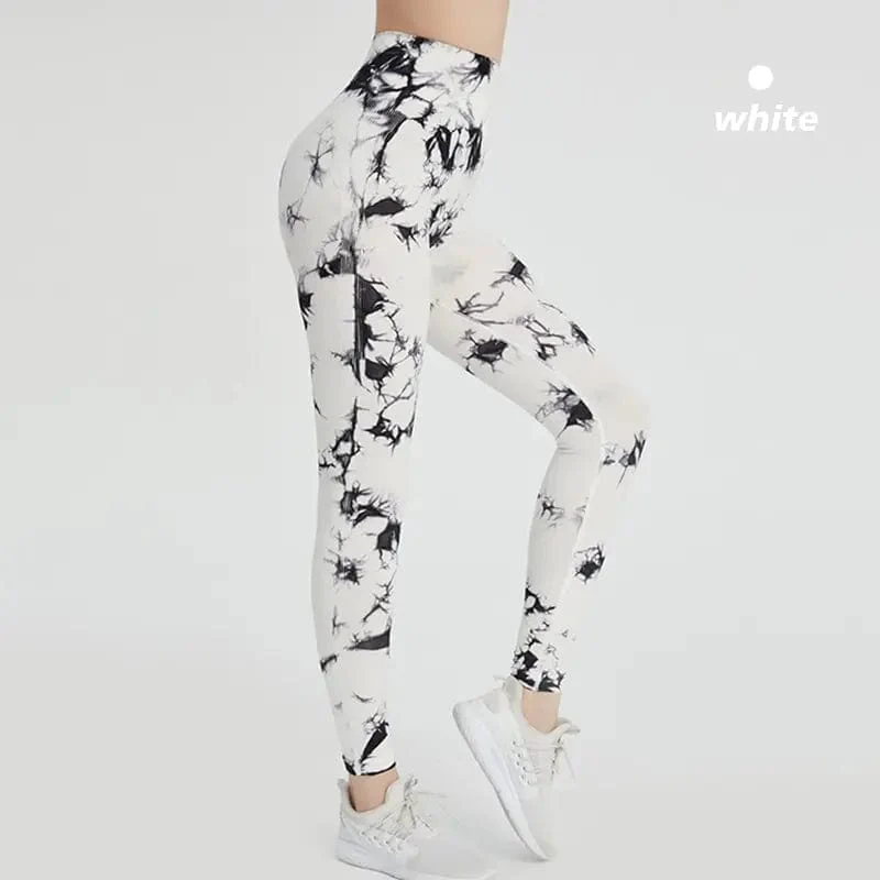 Nahtlose Leggings mit Batikmuster für Damen, Yogahose mit hoher Taille, elastische Strumpfhose zum Po-Lifting