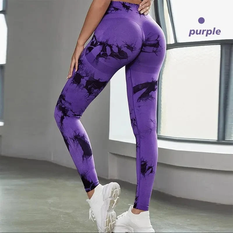 Nahtlose Leggings mit Batikmuster für Damen, Yogahose mit hoher Taille, elastische Strumpfhose zum Po-Lifting