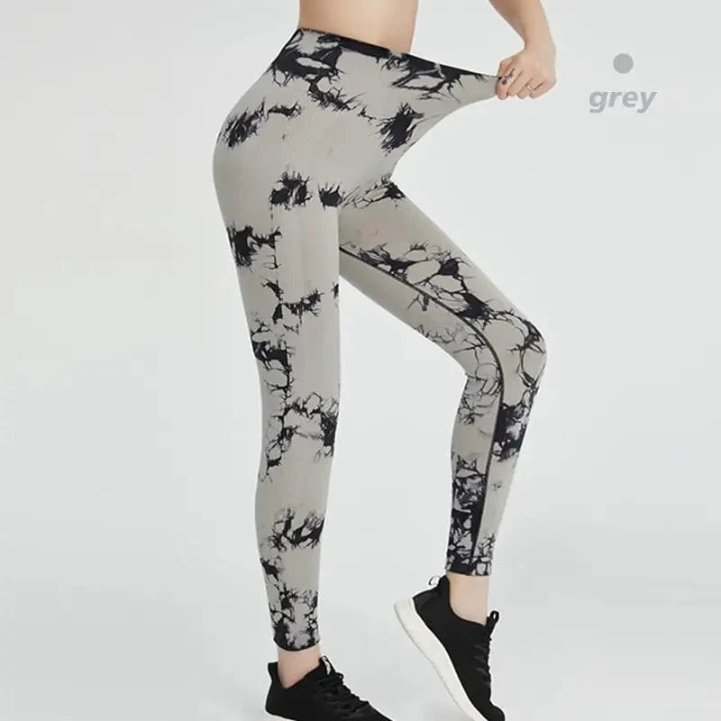 Nahtlose Leggings mit Batikmuster für Damen, Yogahose mit hoher Taille, elastische Strumpfhose zum Po-Lifting