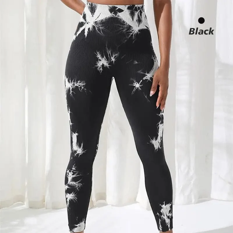 Nahtlose Leggings mit Batikmuster für Damen, Yogahose mit hoher Taille, elastische Strumpfhose zum Po-Lifting