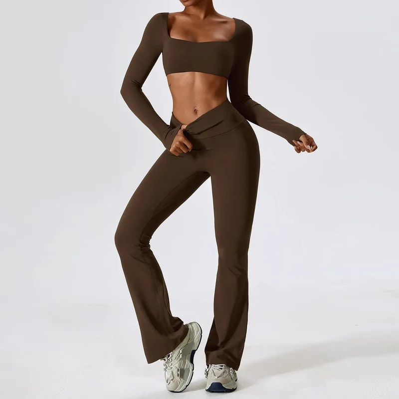 Yoga-Set 2-teilig Nahtlose Damen-Sportbekleidung Workout-Kleidung Sportbekleidung Gym Legging Fitness BH Crop Top Langarm Sportanzüge