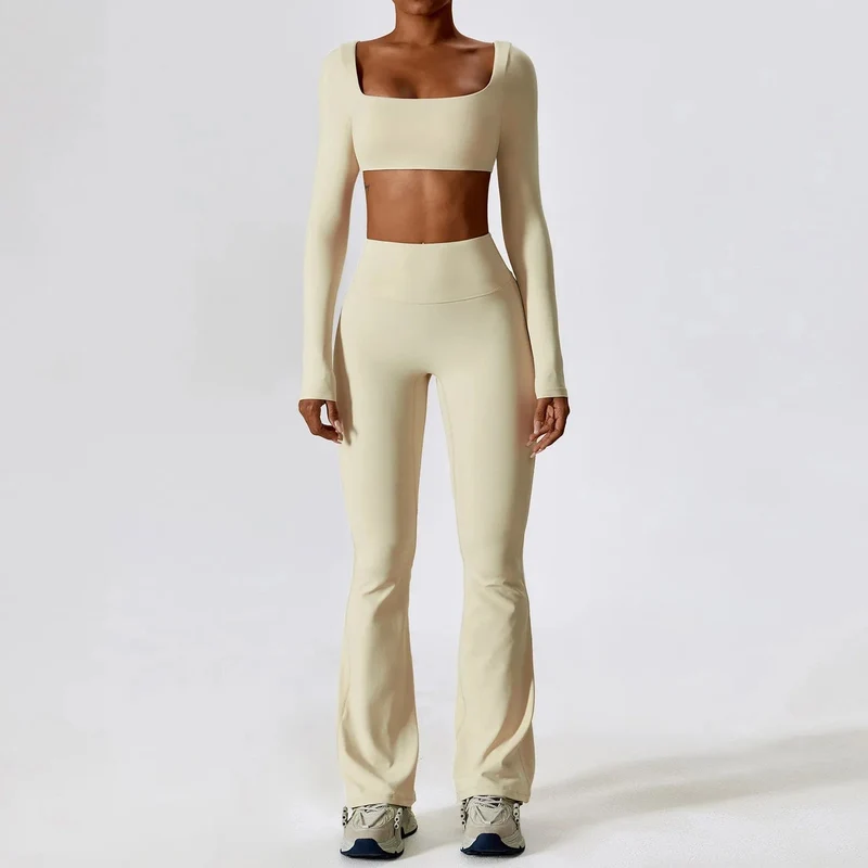 Yoga-Set 2-teilig Nahtlose Damen-Sportbekleidung Workout-Kleidung Sportbekleidung Gym Legging Fitness BH Crop Top Langarm Sportanzüge