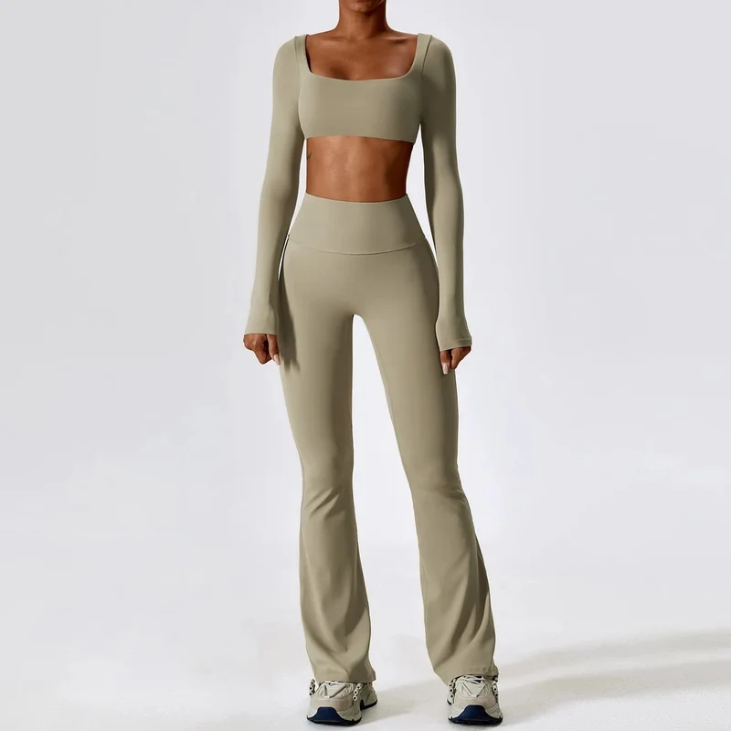 Yoga-Set 2-teilig Nahtlose Damen-Sportbekleidung Workout-Kleidung Sportbekleidung Gym Legging Fitness BH Crop Top Langarm Sportanzüge