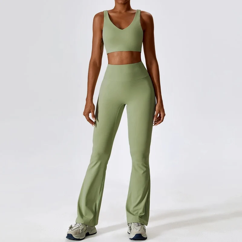 Yoga-Set 2-teilig Nahtlose Damen-Sportbekleidung Workout-Kleidung Sportbekleidung Gym Legging Fitness BH Crop Top Langarm Sportanzüge