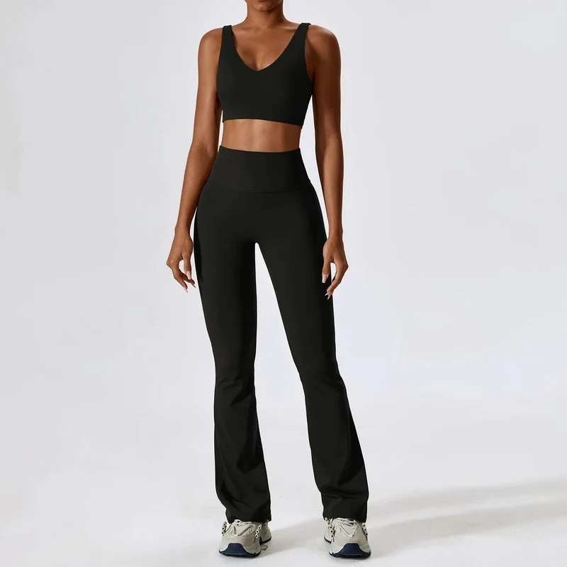 Yoga-Set 2-teilig Nahtlose Damen-Sportbekleidung Workout-Kleidung Sportbekleidung Gym Legging Fitness BH Crop Top Langarm Sportanzüge