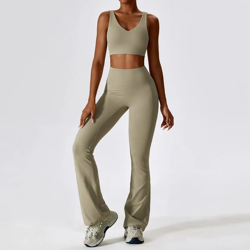 Yoga-Set 2-teilig Nahtlose Damen-Sportbekleidung Workout-Kleidung Sportbekleidung Gym Legging Fitness BH Crop Top Langarm Sportanzüge