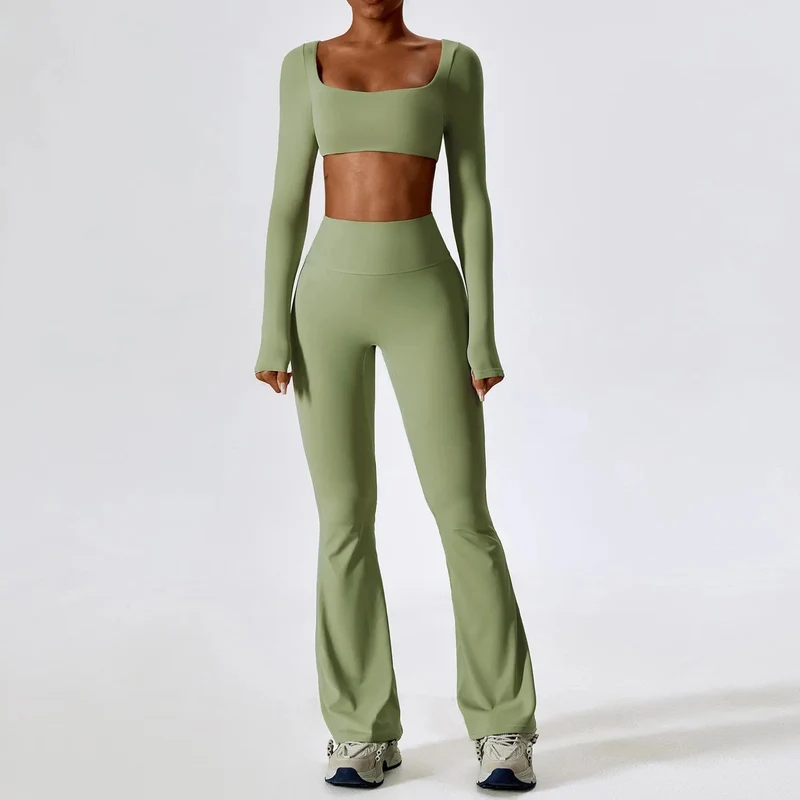 Yoga-Set 2-teilig Nahtlose Damen-Sportbekleidung Workout-Kleidung Sportbekleidung Gym Legging Fitness BH Crop Top Langarm Sportanzüge