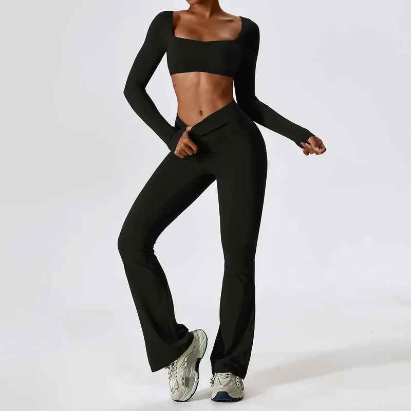 Yoga-Set 2-teilig Nahtlose Damen-Sportbekleidung Workout-Kleidung Sportbekleidung Gym Legging Fitness BH Crop Top Langarm Sportanzüge