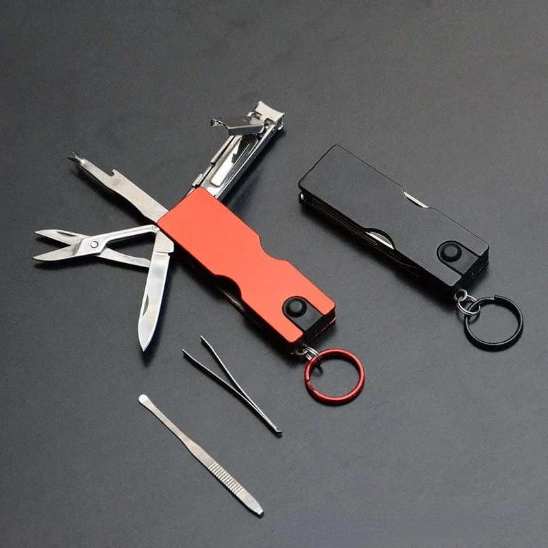 Taschenwerkzeuge, mehrere Wanderausrüstungen, multifunktionaler Mini-Schlüsselanhänger für den Außenbereich, Messer mit LED-Licht, Nagelknipser, Schere, Campingausrüstung