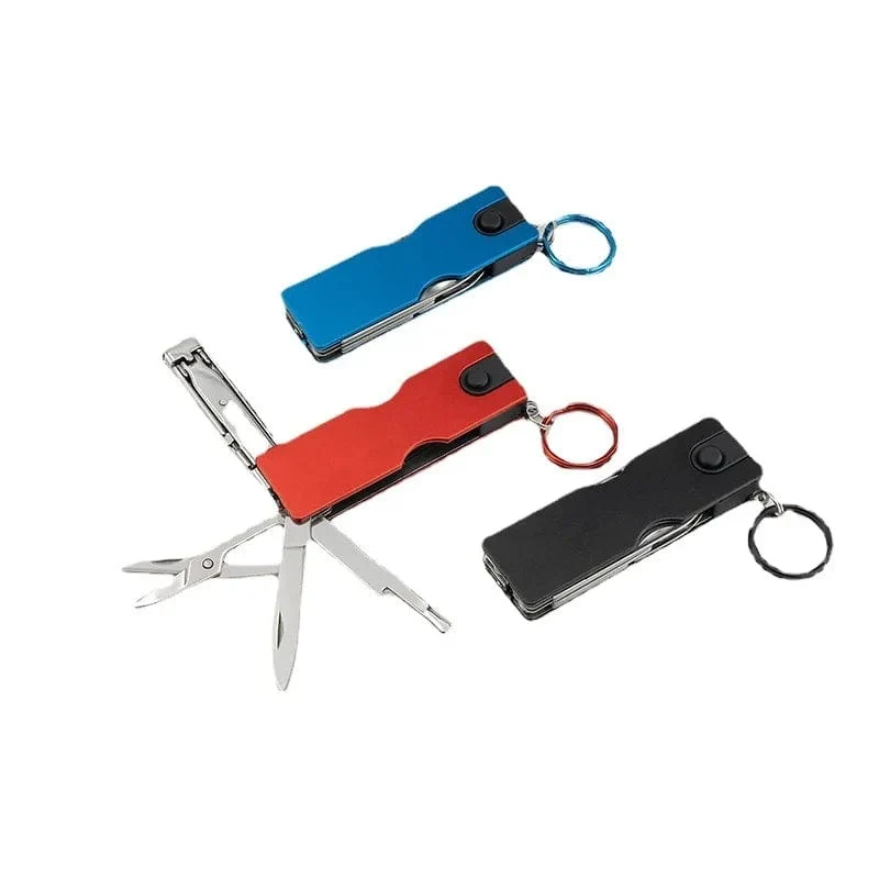 Taschenwerkzeuge, mehrere Wanderausrüstungen, multifunktionaler Mini-Schlüsselanhänger für den Außenbereich, Messer mit LED-Licht, Nagelknipser, Schere, Campingausrüstung