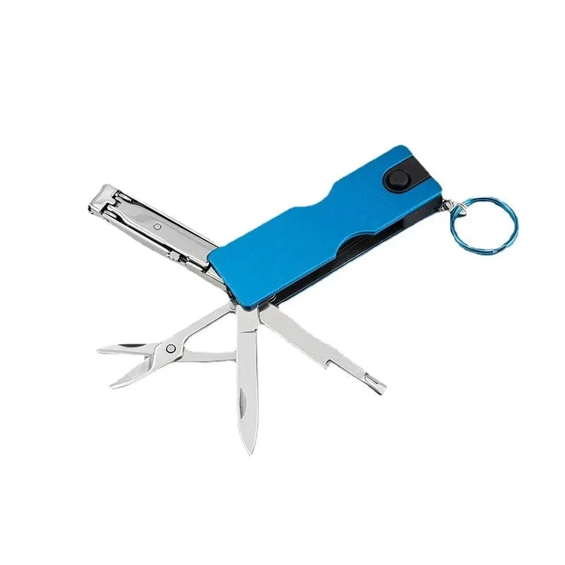 Taschenwerkzeuge, mehrere Wanderausrüstungen, multifunktionaler Mini-Schlüsselanhänger für den Außenbereich, Messer mit LED-Licht, Nagelknipser, Schere, Campingausrüstung