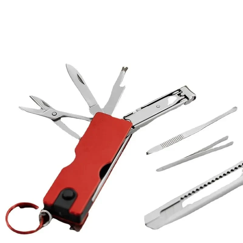 Taschenwerkzeuge, mehrere Wanderausrüstungen, multifunktionaler Mini-Schlüsselanhänger für den Außenbereich, Messer mit LED-Licht, Nagelknipser, Schere, Campingausrüstung