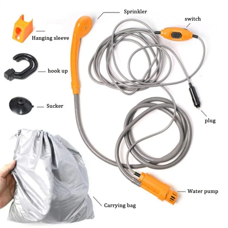 Tragbare Campingdusche, Wandern, Reisen, 12 V, Zigarettenanzünder im Auto, Außenbadedusche, Pflanzenbewässerung, Autoreinigung, Haustierbadepumpe