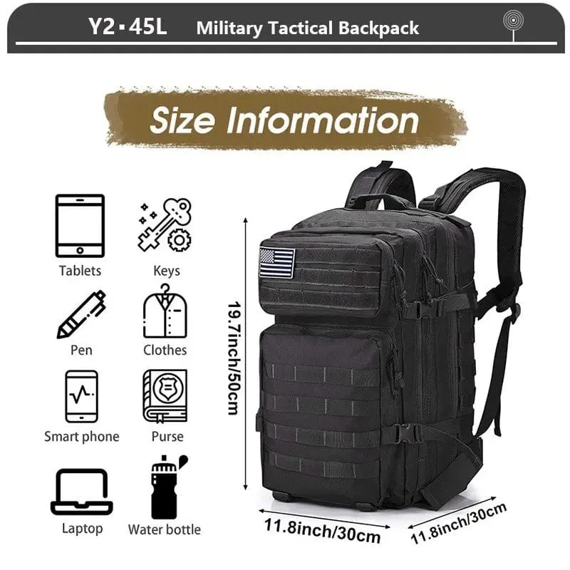 Militärischer taktischer Rucksack, 3-Tages-Angriffsrucksack, Armee-Molle-Tasche, 38/45 l, groß, wasserdicht, für den Außenbereich, Wandern, Camping, Reisen, 600D-Rucksack