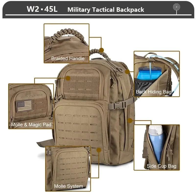 Militärischer taktischer Rucksack, 3-Tages-Angriffsrucksack, Armee-Molle-Tasche, 38/45 l, groß, wasserdicht, für den Außenbereich, Wandern, Camping, Reisen, 600D-Rucksack