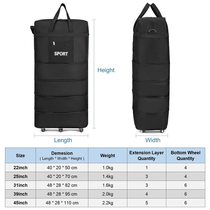 45 Zoll schwarzes Rollgepäck mit Rädern, Unisex, erweiterbar, faltbar, Oxford-Trolley, Reisetasche, Reisetasche für Damen und Herren, Wochenendausflug