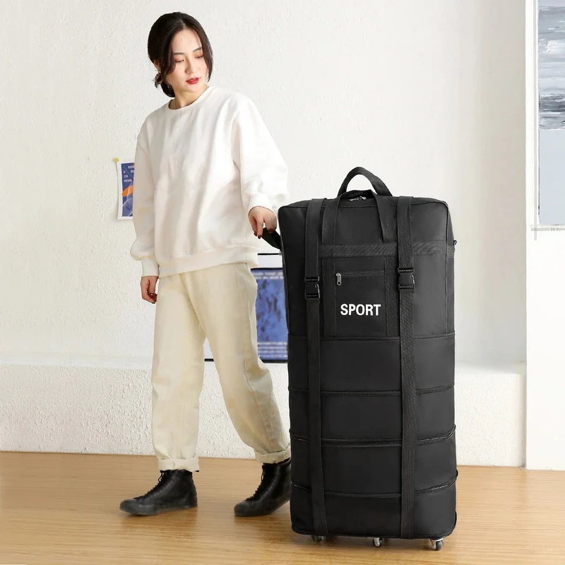 45 Zoll schwarzes Rollgepäck mit Rädern, Unisex, erweiterbar, faltbar, Oxford-Trolley, Reisetasche, Reisetasche für Damen und Herren, Wochenendausflug