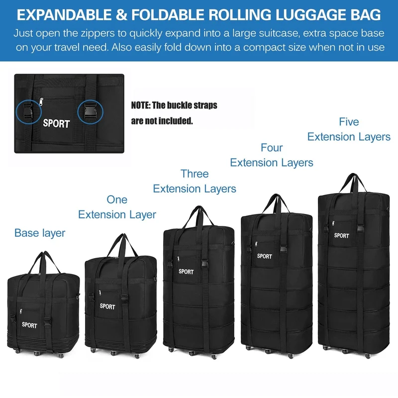 45 Zoll schwarzes Rollgepäck mit Rädern, Unisex, erweiterbar, faltbar, Oxford-Trolley, Reisetasche, Reisetasche für Damen und Herren, Wochenendausflug