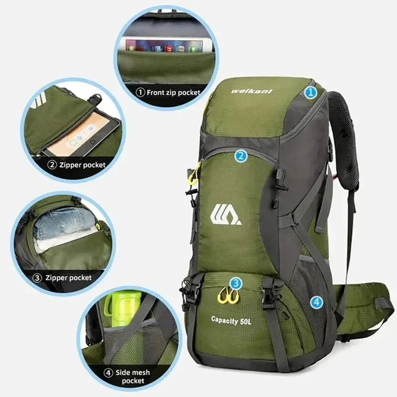 50L Reiserucksack Campingtasche für Männer Große Wandertasche Tourist Rucksack Wasserdichte Outdoor Sport Klettern Bergsteigen Tasche