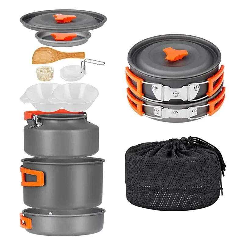 Tragbare Camping Geschirr Kochen Set Outdoor Kochgeschirr Pfanne Topf Schüssel Löffel Gabel Utensilien Für Wandern Picknick Reise Wild Campismo