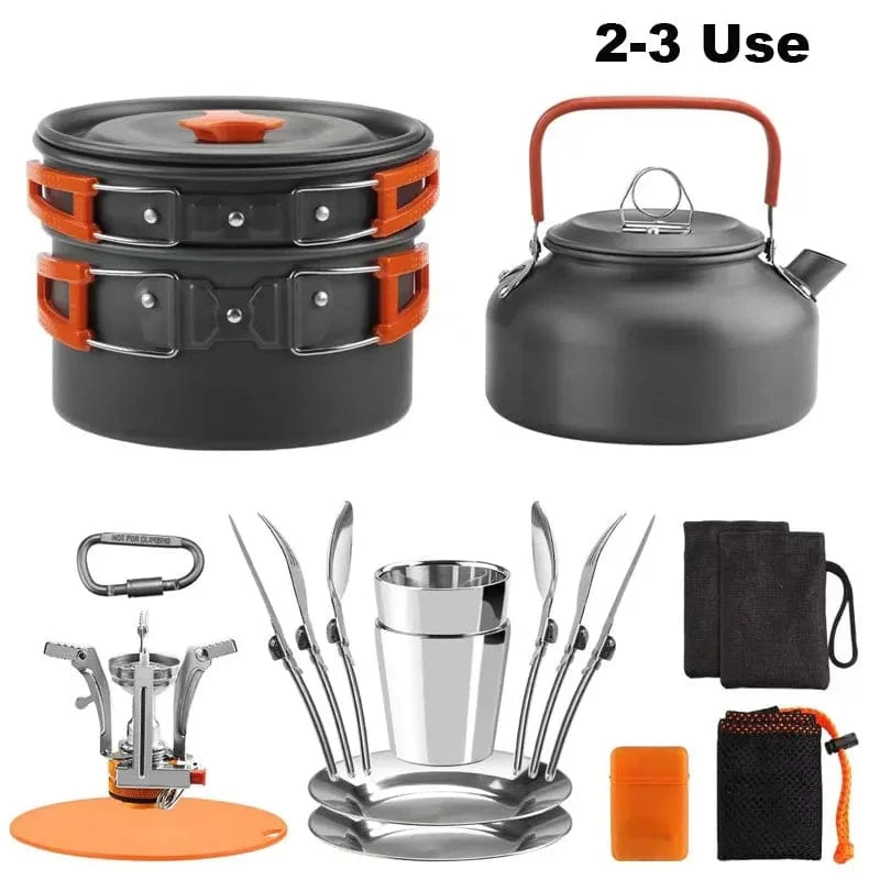 Tragbare Camping Geschirr Kochen Set Outdoor Kochgeschirr Pfanne Topf Schüssel Löffel Gabel Utensilien Für Wandern Picknick Reise Wild Campismo
