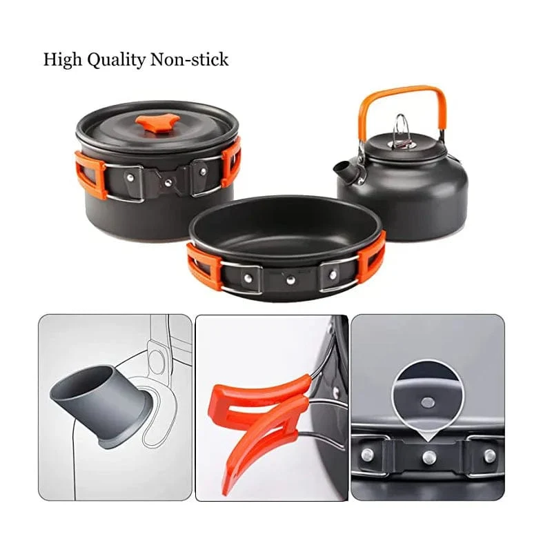 Aluminium Outdoor Camping Kochgeschirr Set mit Mesh Tasche Klapp Kochset Camping Küche Kochen Teekanne und Pfannen Ausrüstung