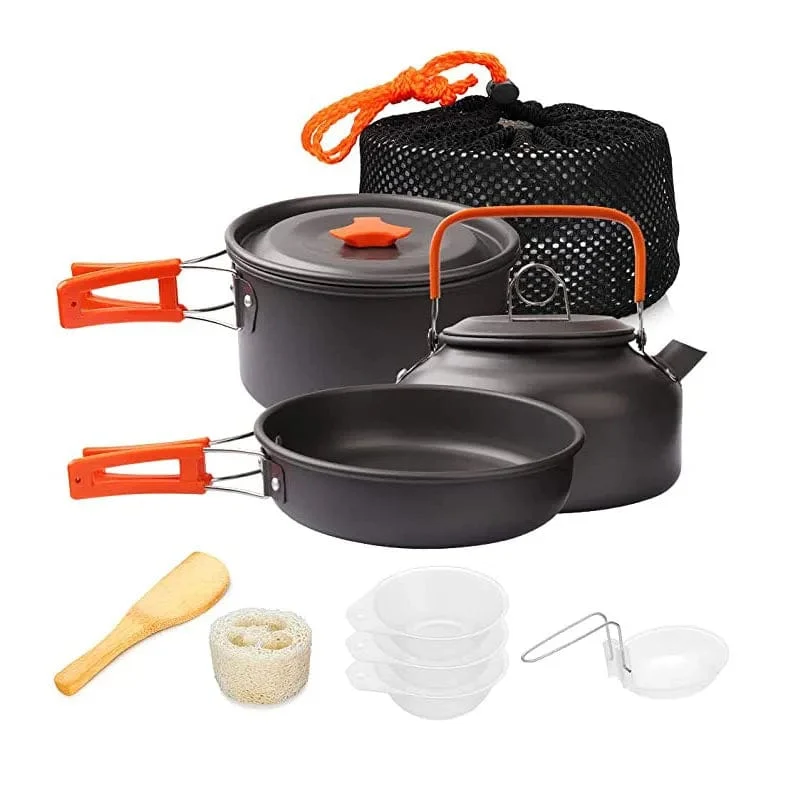 Aluminium Outdoor Camping Kochgeschirr Set mit Mesh Tasche Klapp Kochset Camping Küche Kochen Teekanne und Pfannen Ausrüstung
