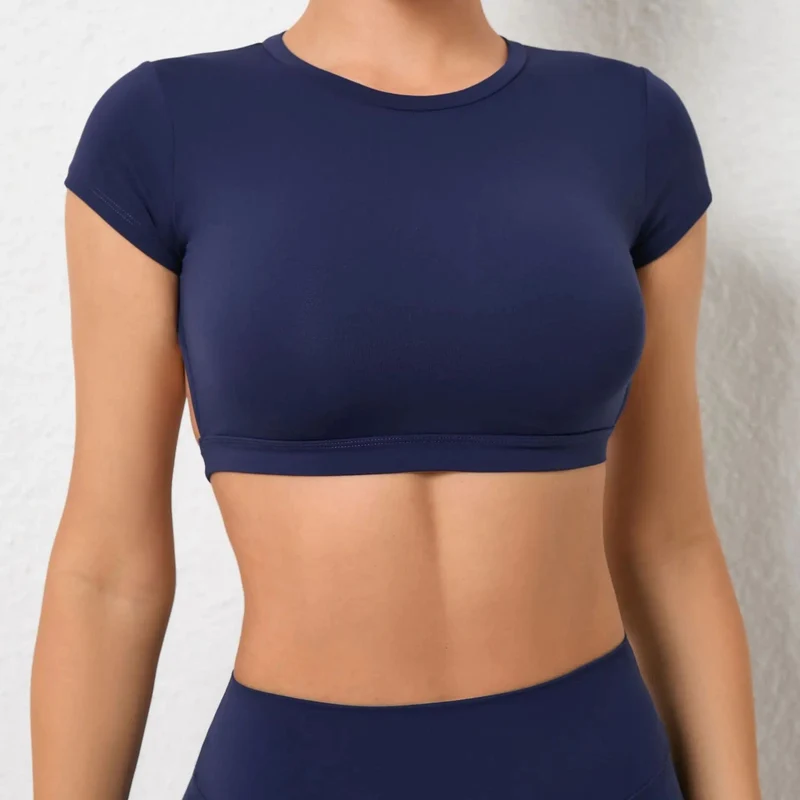 Sexy Hollow Beauty Back Crop Top Kurzarm Yoga Shirt Damen Fitness Workout Tops Gym Kleidung Sportswear Laufen T-Shirts