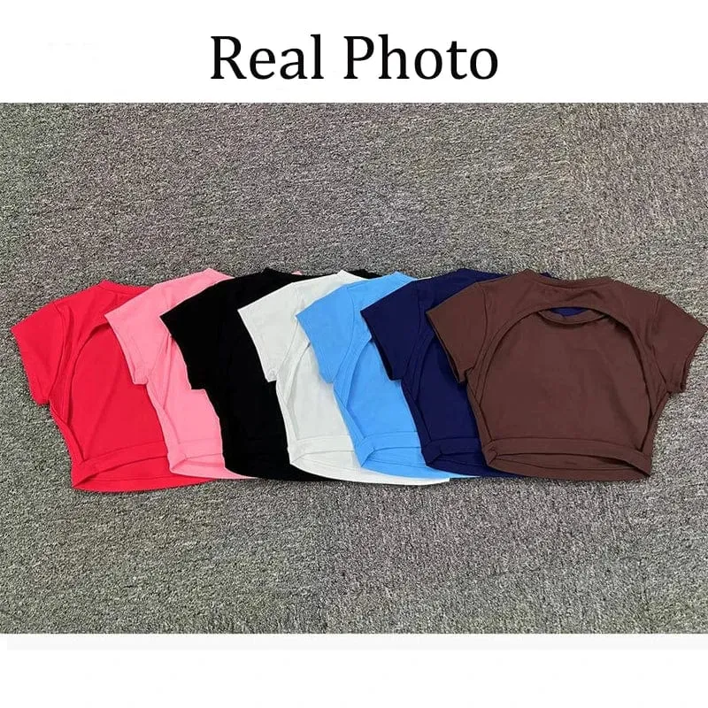 Sexy Hollow Beauty Back Crop Top Kurzarm Yoga Shirt Damen Fitness Workout Tops Gym Kleidung Sportswear Laufen T-Shirts