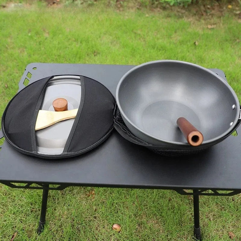 Outdoor Bratpfanne Mit Griff Lagerung Tasche Für Camping Wandern Picknick Kochgeschirr Tragbare Wok Leichte Antihaft-pfanne Neue