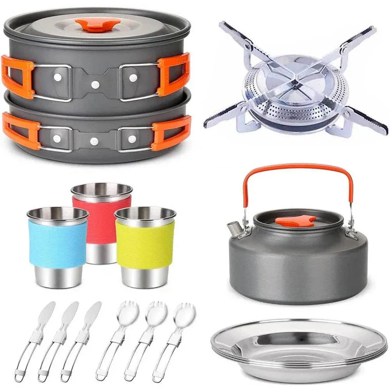 Camping Reiseausrüstung Geschirr Kochgeschirr Kit Töpfe Brenner Gasherd Zubehör Küchenutensilien Sets Picknick Grillzubehör