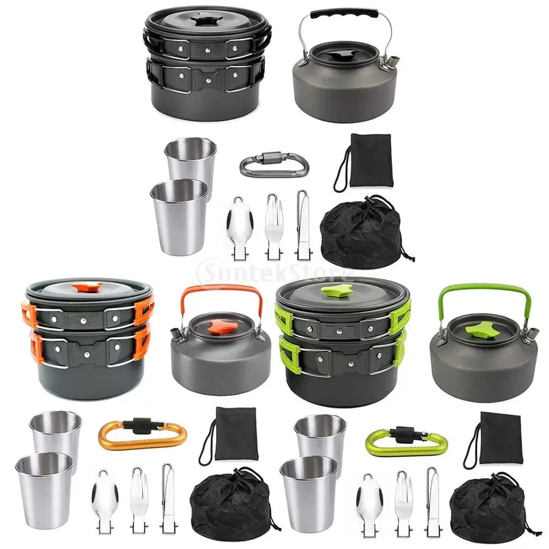 1 Set Outdoor Töpfe Pfannen Camping Kochgeschirr Picknick Kochen Set Antihaft-Geschirr Mit Faltbare Löffel Gabel Messer Wasserkocher Tasse