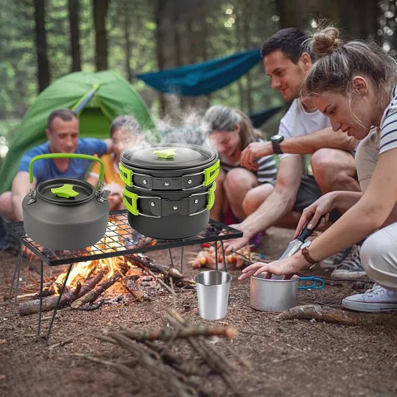 1 Set Outdoor Töpfe Pfannen Camping Kochgeschirr Picknick Kochen Set Antihaft-Geschirr Mit Faltbare Löffel Gabel Messer Wasserkocher Tasse