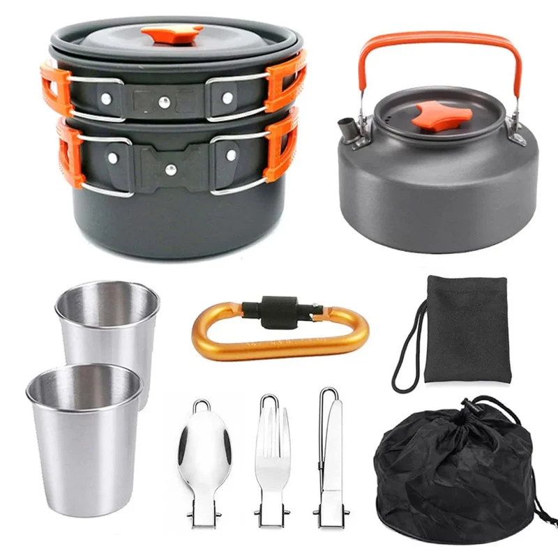 1 Set Outdoor Töpfe Pfannen Camping Kochgeschirr Picknick Kochen Set Antihaft-Geschirr Mit Faltbare Löffel Gabel Messer Wasserkocher Tasse