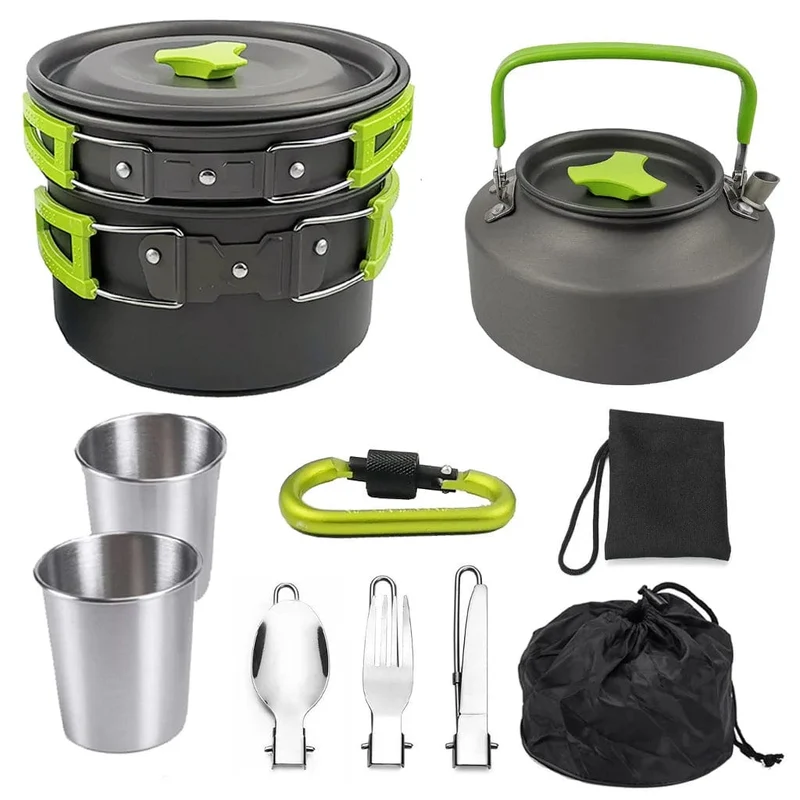 1 Set Outdoor Töpfe Pfannen Camping Kochgeschirr Picknick Kochen Set Antihaft-Geschirr Mit Faltbare Löffel Gabel Messer Wasserkocher Tasse