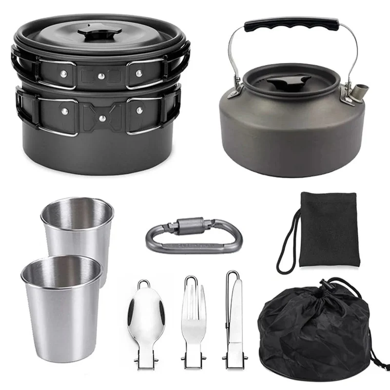1 Set Outdoor Töpfe Pfannen Camping Kochgeschirr Picknick Kochen Set Antihaft-Geschirr Mit Faltbare Löffel Gabel Messer Wasserkocher Tasse