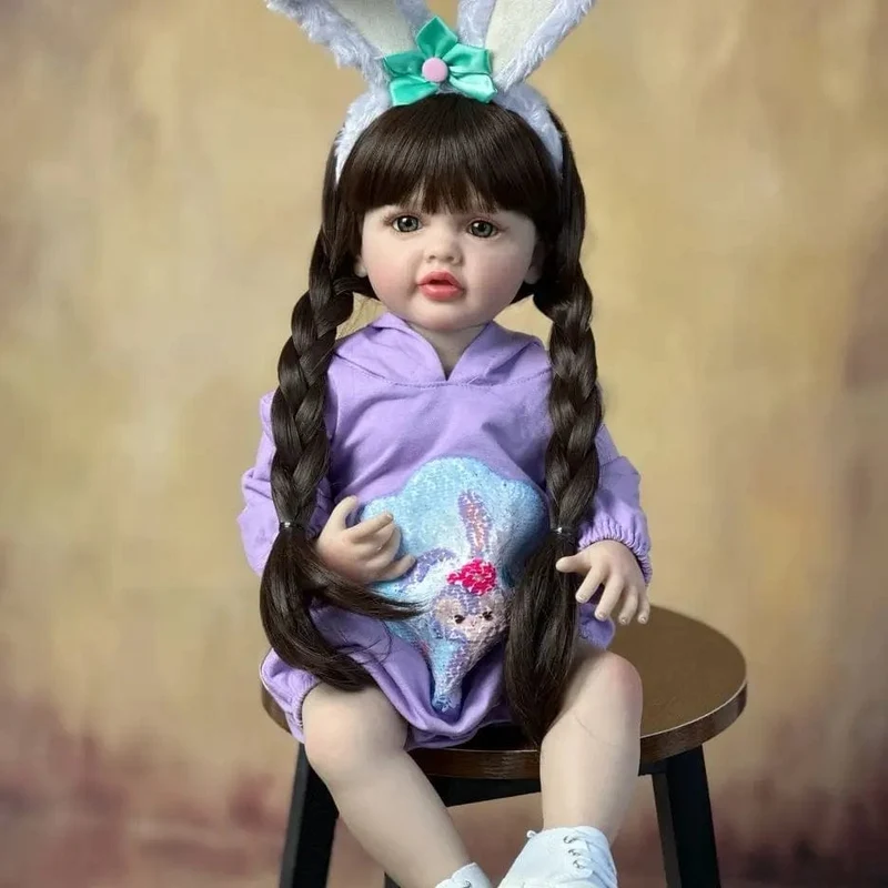 55cm 22inch Lebensechte Baby Mädchen Puppe Weiche Silikon Lange Braune Haare Realistische Prinzessin Kleinkind Bebe Geburtstag Geschenk