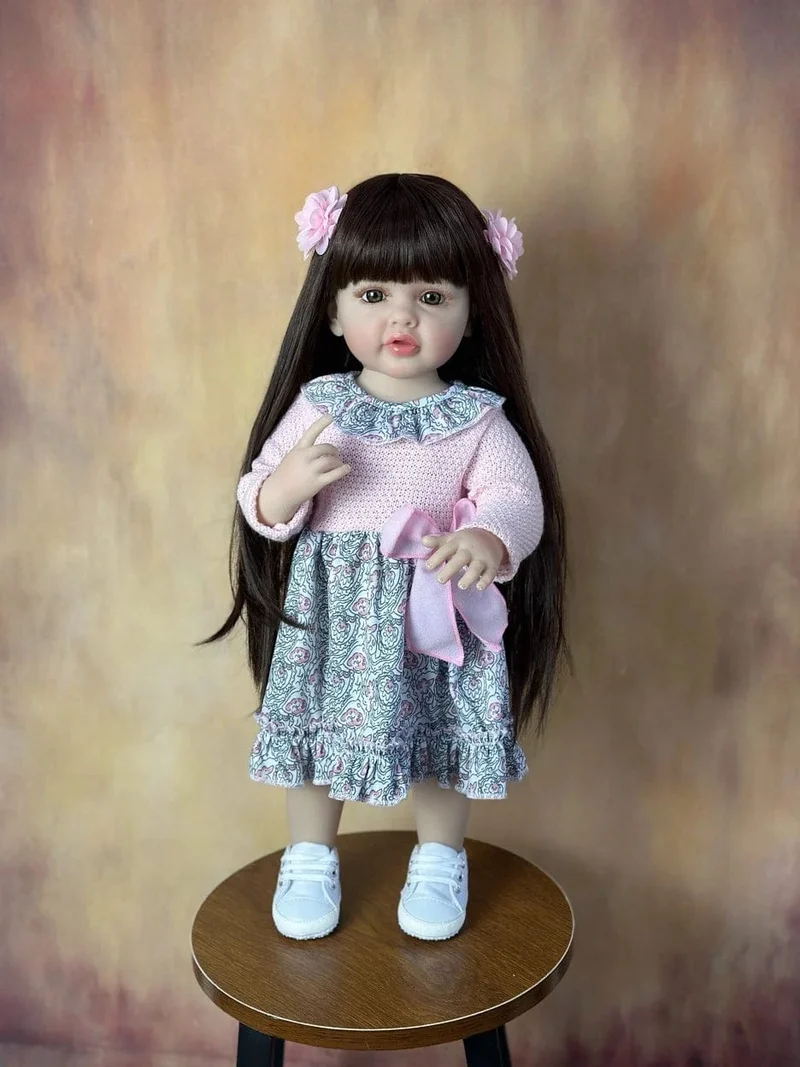 55cm 22inch Lebensechte Baby Mädchen Puppe Weiche Silikon Lange Braune Haare Realistische Prinzessin Kleinkind Bebe Geburtstag Geschenk
