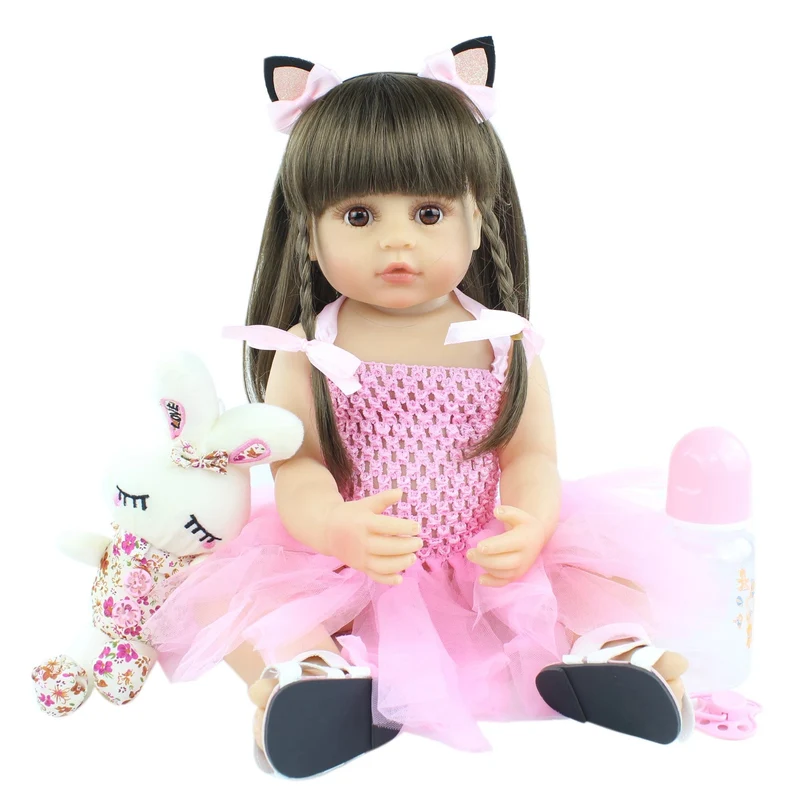 55cm 22inch Lebensechte Baby Mädchen Puppe Weiche Silikon Lange Braune Haare Realistische Prinzessin Kleinkind Bebe Geburtstag Geschenk