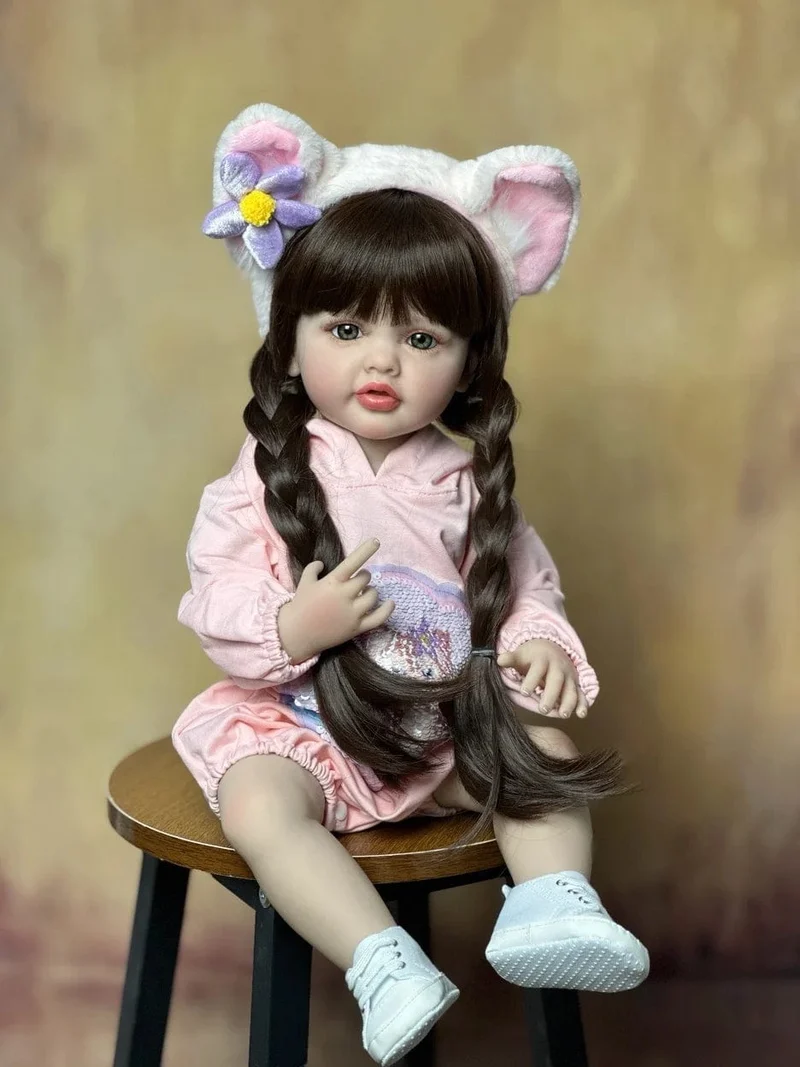 55cm 22inch Lebensechte Baby Mädchen Puppe Weiche Silikon Lange Braune Haare Realistische Prinzessin Kleinkind Bebe Geburtstag Geschenk