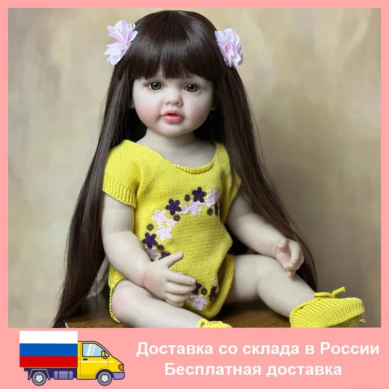 55cm 22inch Lebensechte Baby Mädchen Puppe Weiche Silikon Lange Braune Haare Realistische Prinzessin Kleinkind Bebe Geburtstag Geschenk